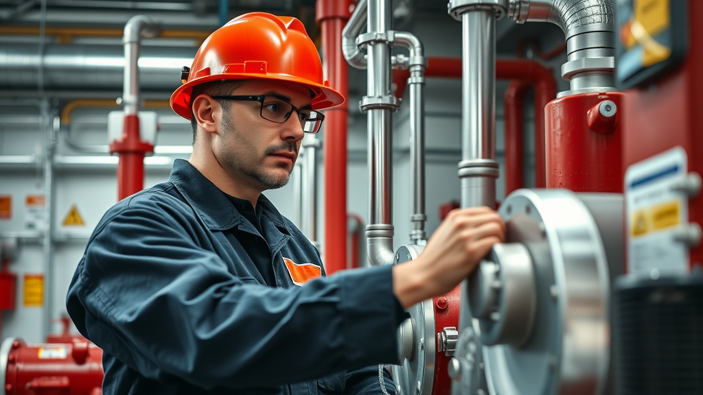 fire pump technician for diesel engine repair columbia sc visually inspecting fire safety system in industrial facility, photorealistic lifelike