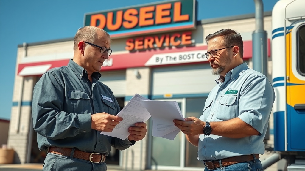 local diesel engine repair columbia sc mechanic service team consulting truck owner outside repair shop branded signage, natural daylight
