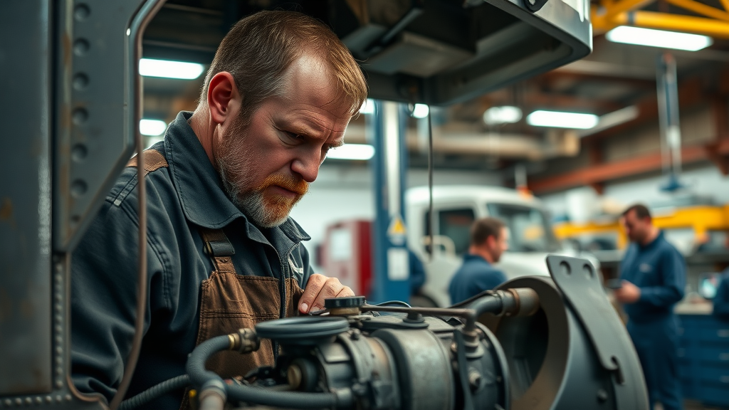 diesel mechanic inspecting diesel engine repair columbia sc in a busy auto repair shop, photorealistic high fidelity lifelike, tools and machinery visible, natural lighting
