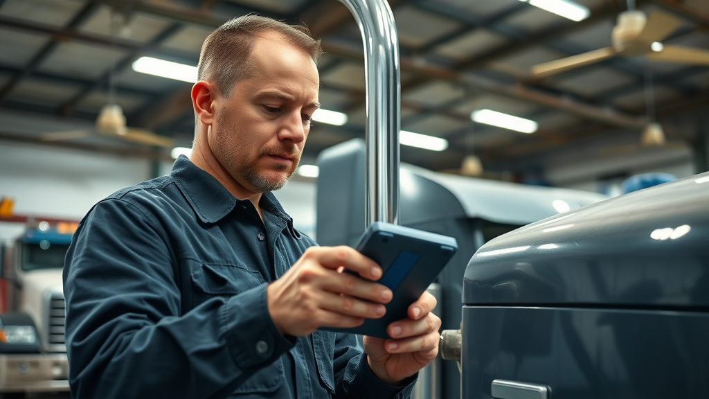 Professional diesel mechanic in Columbia SC garage operating a diagnostic tool on a diesel truck, advanced diesel repair services in Columbia SC for diesel engines and trucks.