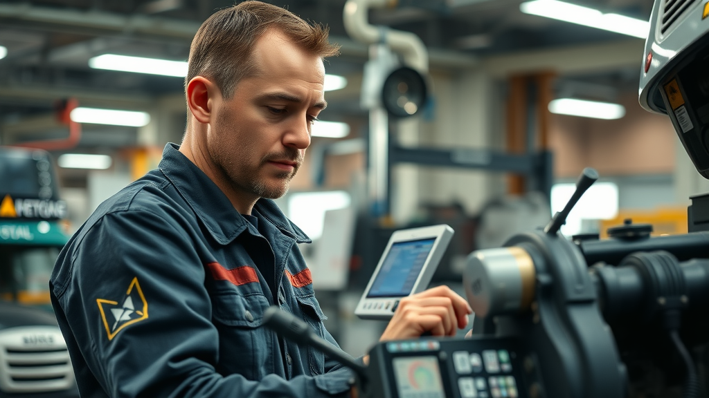 Skilled diesel mechanic using diagnostic equipment on a truck engine at a Columbia diesel service center, vibrant workshop environment