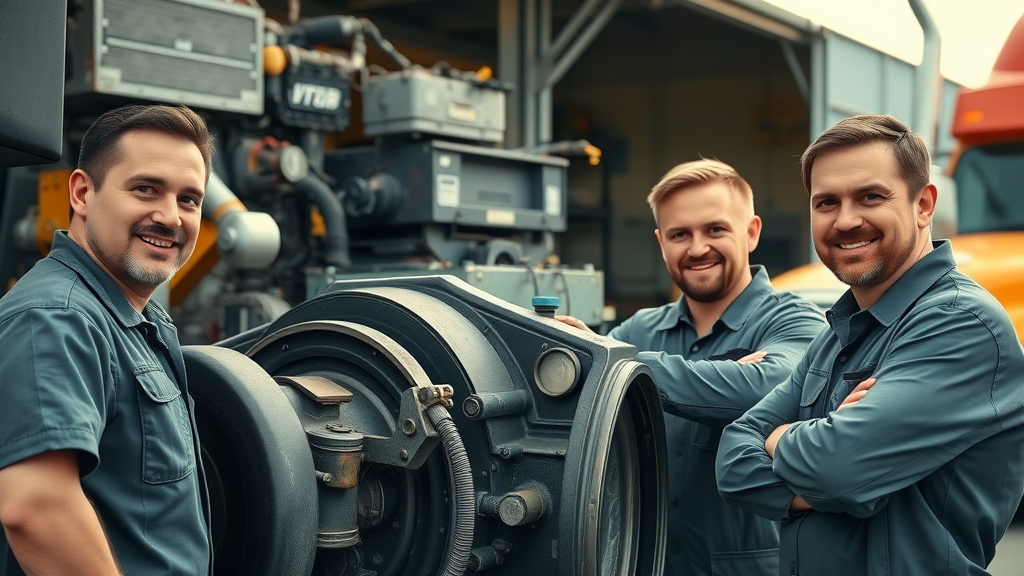 Experienced diesel mechanic team inspecting a large commercial diesel truck engine, comprehensive diesel truck service and repair in South Carolina