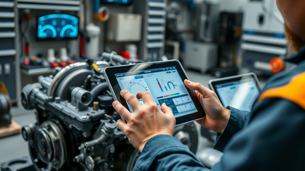 Mechanic using modern diagnostic tools on a diesel engine for advanced repair and troubleshooting in Columbia SC