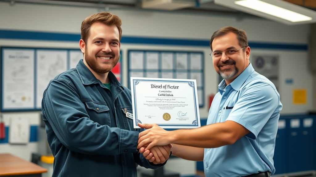 Confident diesel mechanic receiving certification in Columbia SC, certified diesel mechanic near you with official training and industry credentials