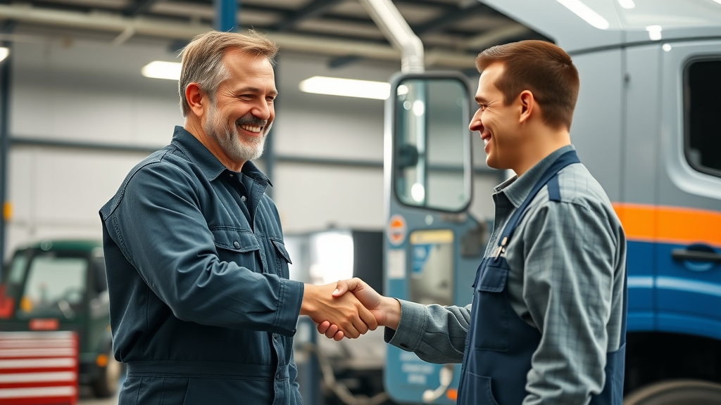 Satisfied Columbia SC diesel repair customer shaking hands with expert diesel mechanic after successful diesel engine repair