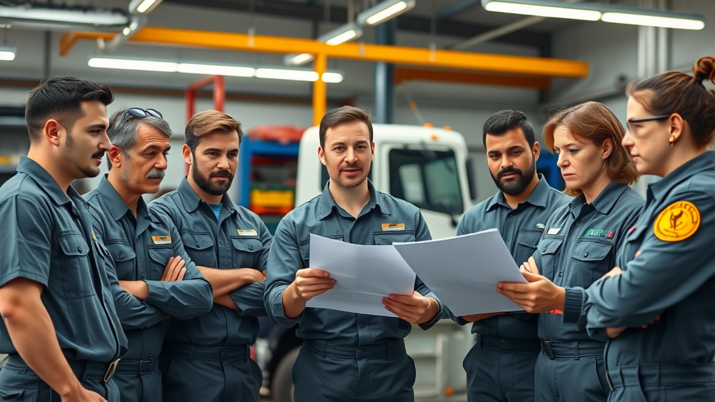 Diverse team of diesel mechanics at a Columbia diesel service center, collaborating on technical documentation in a workshop