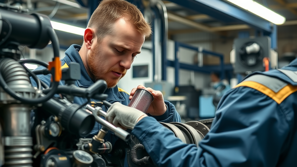 Skilled technician focused inspecting DPF filter on heavy-duty diesel truck engine, DPF repair, diesel truck emission repair SC, diagnostic equipment in use