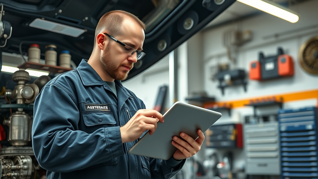 diesel mechanic reviewing maintenance checklist on tablet, inspecting engine bay of commercial diesel truck, precise, preventive truck repair Columbia, fluorescent lighting, highly detailed