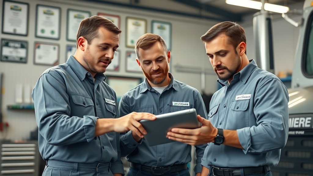 Certified diesel mechanic team, professional, discussing diagnostic reports, accredited South Carolina diesel shop, diesel emission repair SC