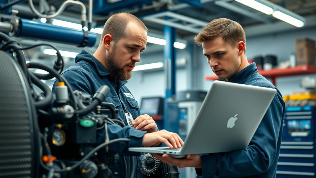 Technician using columbia diesel engine diagnostics in a modern semi-truck repair shop, inspecting engine with diagnostic laptop