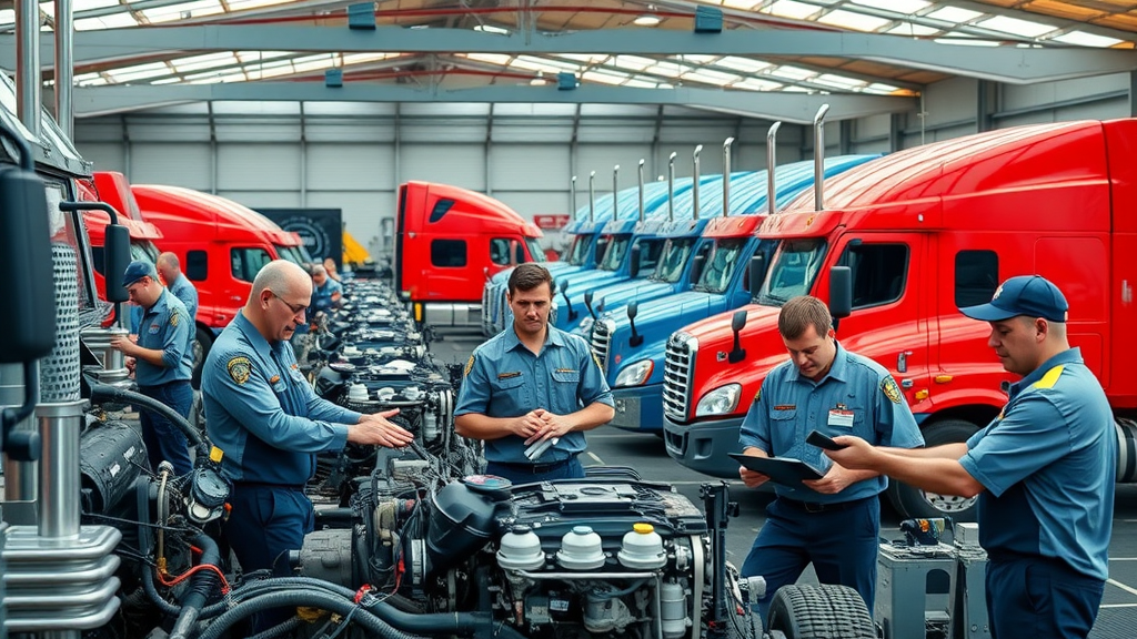 fleet of heavy-duty diesel trucks in a modern service yard, mechanics performing maintenance, diesel truck, truck parts, Columbia, fleet maintenance, tools and diagnostic equipment