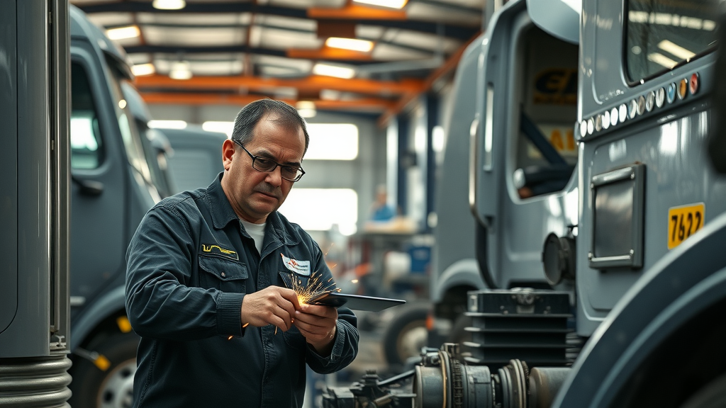 A mechanic in uniform works on a tablet surrounded by large trucks in a well-lit industrial garage, focusing intently on his task.