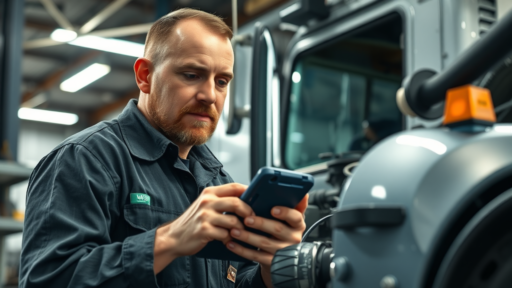 dedicated diesel mechanic in Columbia inspecting a diesel truck engine inside a clean, well-equipped repair shop