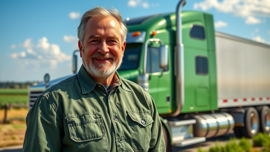 Satisfied business owner after diesel emission repair SC, standing in front of semi-trailer in rural South Carolina, blue skies, farm fields, smiling, confidence in repair service