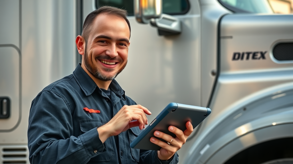 friendly mobile diesel mechanic in Columbia repairing a commercial truck at a client's location with diagnostic tablet