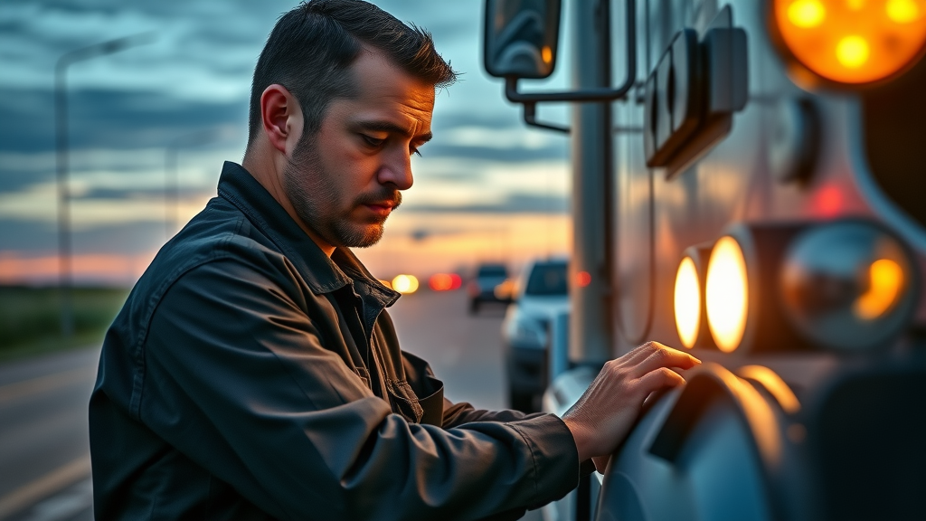 mobile diesel mechanic responding roadside at dusk, working on a semi-truck by the highway near Columbia, emergency roadside assistance, highly detailed, South Carolina