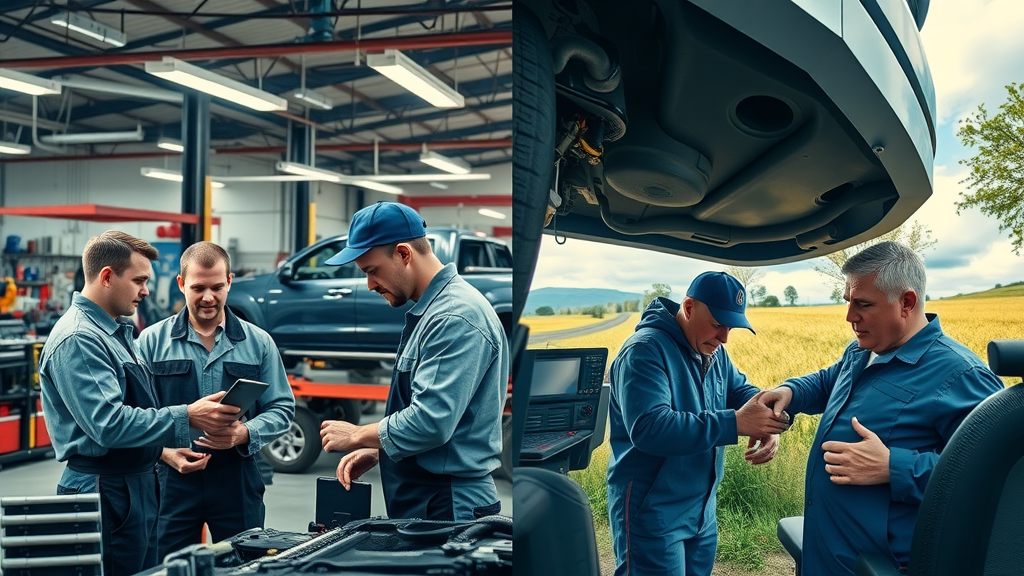 side-by-side comparison of traditional diesel repair shop and mobile roadside repair team in Columbia, experienced diesel mechanics, contrasting settings, highly detailed