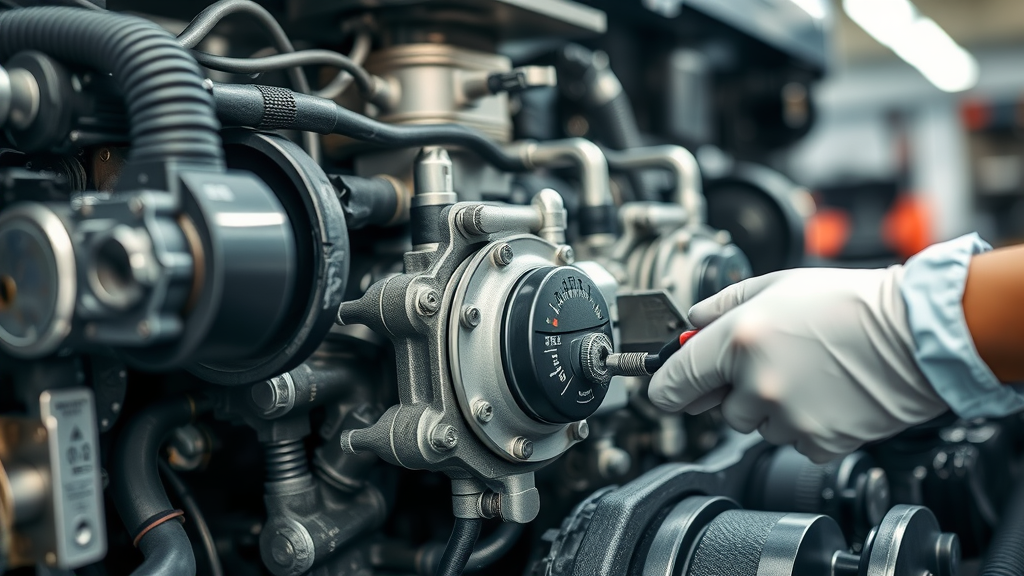 close-up of diesel engine components being inspected by gloved hands at a diesel repair shop in Columbia