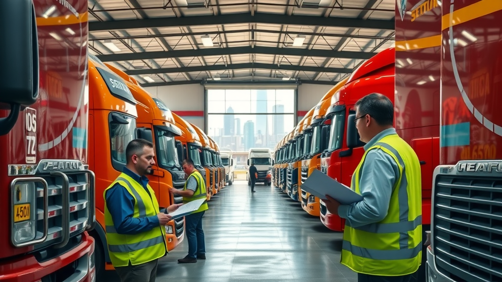 Fleet garage in Columbia using diesel engine diagnostics for truck service, city skyline, multiple trucks, and reports being reviewed