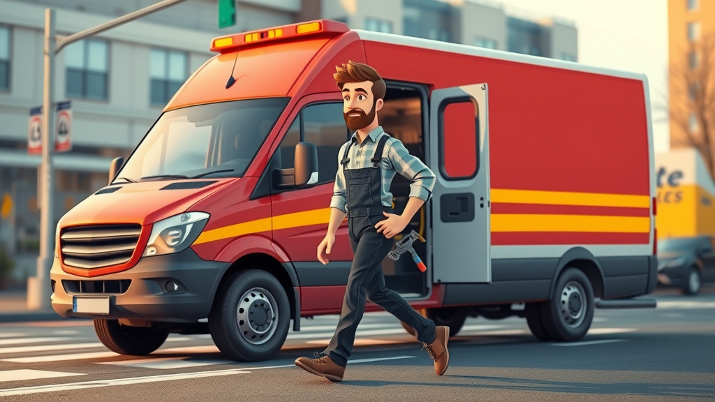 Modern mobile diesel repair van in Columbia SC, mechanic stepping out with tools onto city street to fix a truck