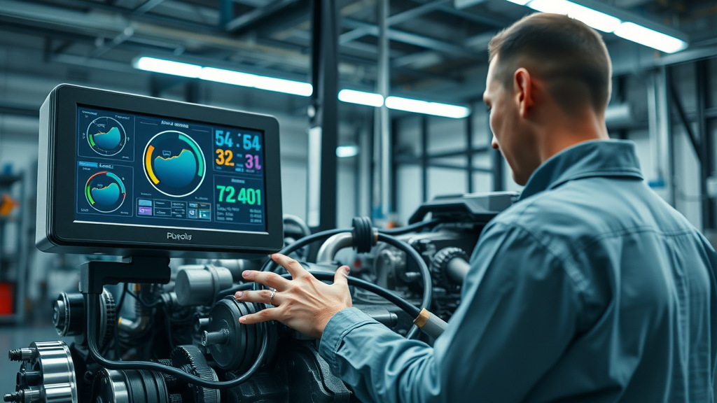 Advanced diagnostic computer analyzing a modern diesel truck engine inside a Columbia SC high-tech workshop
