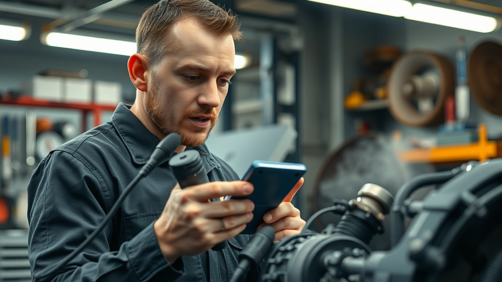Experienced diesel mechanic in Columbia SC inspecting a diesel engine inside a clean, organized repair bay