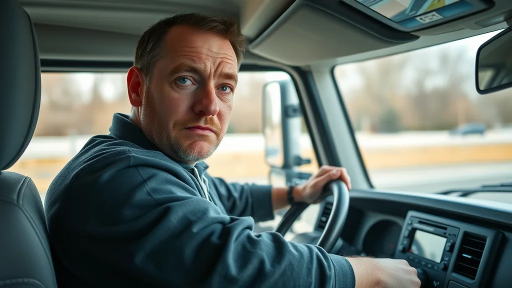 Diesel truck cab dashboard with frustrated driver experiencing loss of power, pressing accelerator with barely moving RPM gauge, symbolizing diesel engine performance issues.