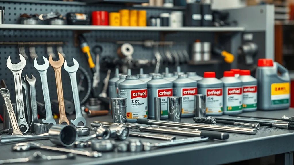 Assortment of diesel maintenance tools and new engine filters, showing preventive maintenance steps to avoid common diesel engine problems.