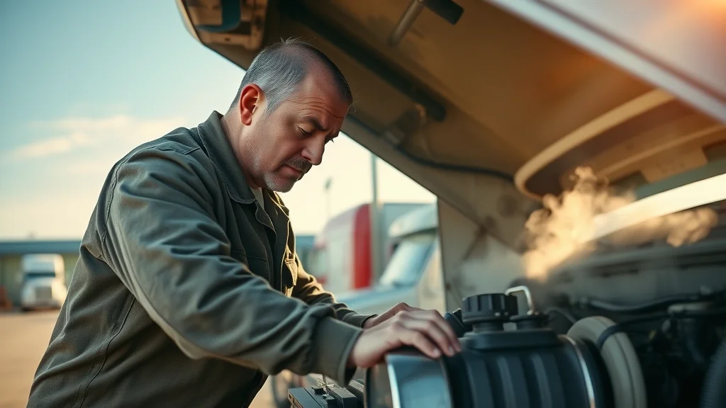 Troubled truck driver inspecting engine for common diesel engine problems, with truck hood open and light smoke rising.