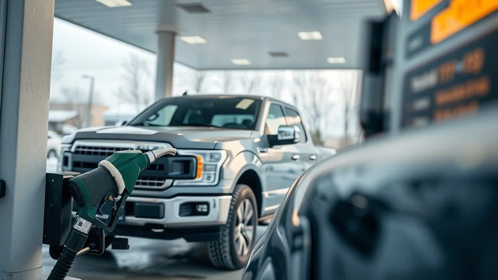 Modern diesel pickup being refueled at Columbia SC fuel station in winter with anti-gel additives