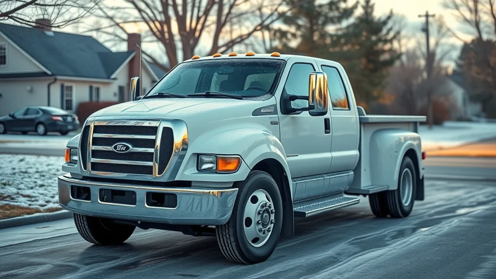 A large white pickup truck with dual rear wheels is parked on a residential street in winter, with some snow on the ground and houses in the background.