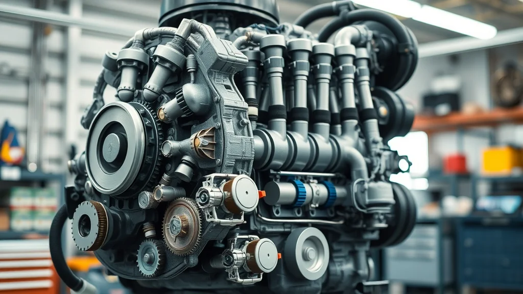 A close-up of a complex, modern car engine with various pipes, gears, and mechanical components, set in a brightly lit workshop with tools and shelves visible in the background.