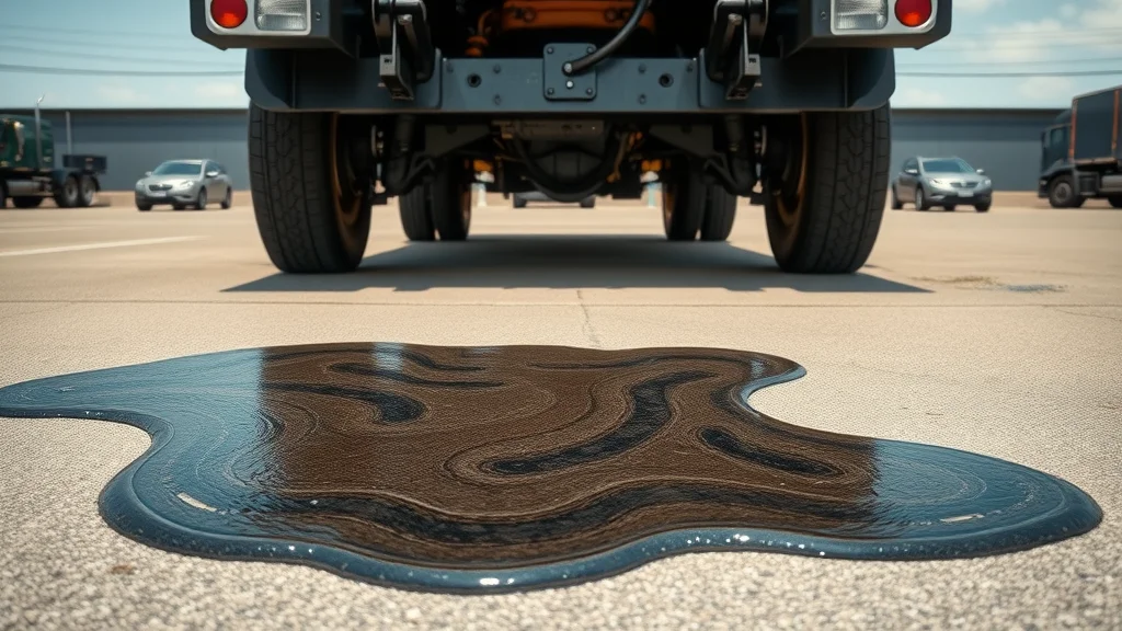 Unmistakable engine oil leak under diesel truck displaying dark oil stain on pavement, illustrating classic diesel engine problem.