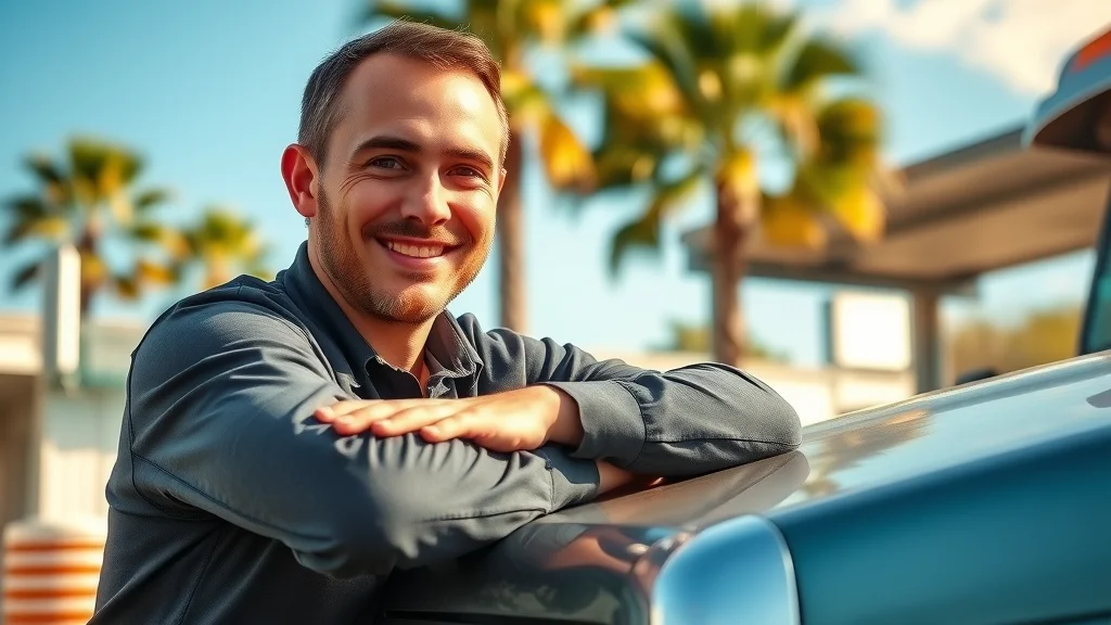 Diesel engine maintenance tips - Experienced diesel mechanic in Columbia SC with a friendly smile, standing by a truck in a warm, sunny local garage.