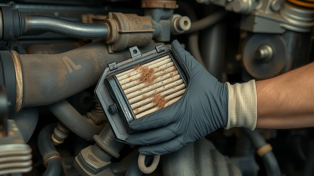 Diesel engine starting problems caused by dirty, clogged air intake filter being removed by a technician in a truck engine bay