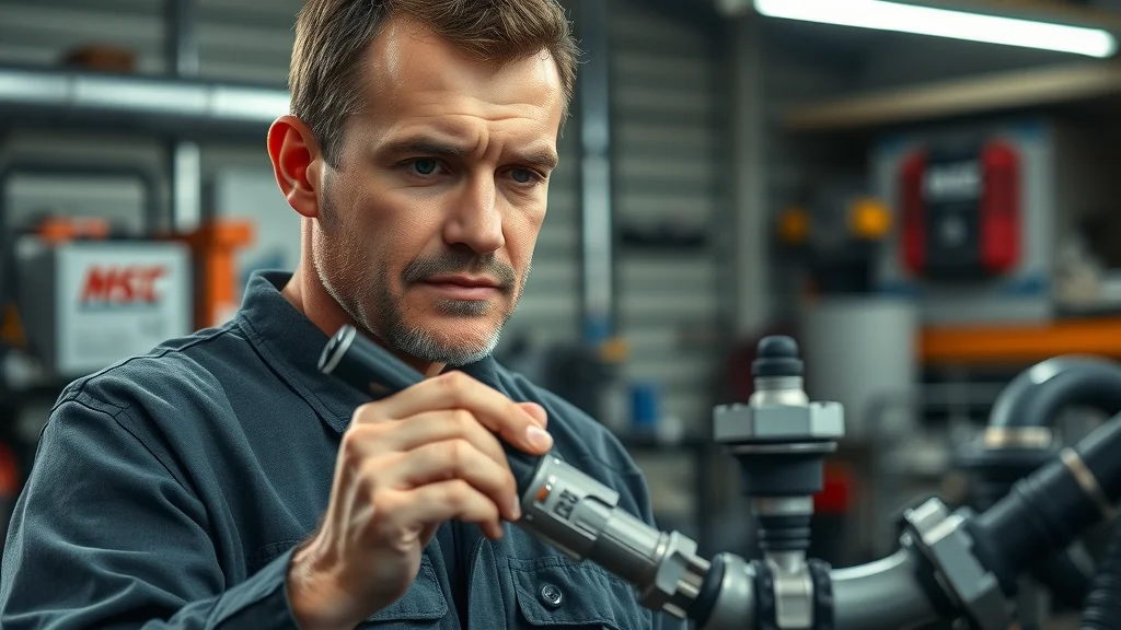 Mechanic troubleshooting a diesel engine injector with diagnostic tool in a Columbia, SC garage, displaying clean tools and sharp detail.