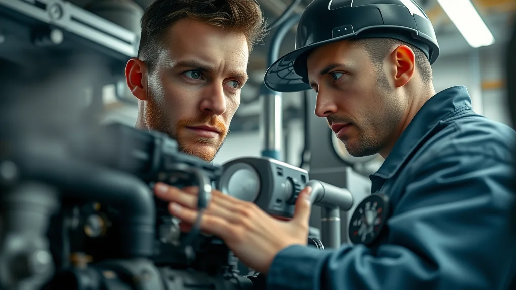 Two male engineers in work uniforms and helmets are focused on inspecting and adjusting machinery in an industrial setting, with one appearing to guide the other.