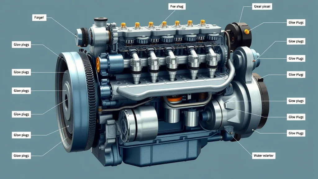 Detailed diesel engine diagram highlighting cylinders, fuel injectors, glow plugs, and water separator in a Columbia, SC workshop.
