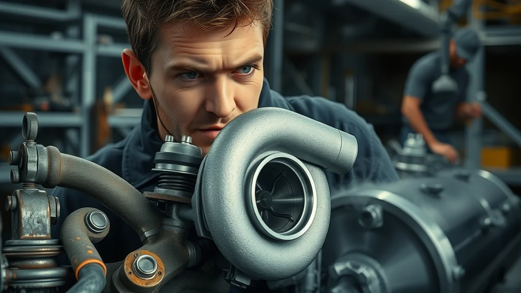 Diesel engine troubleshooting: close-up of turbocharger inspection, mechanic checking for oil leaks and wear in a diesel engine.