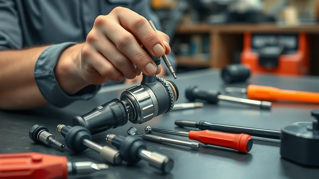 Hands cleaning a diesel fuel injector with specialized tools on a workbench in a Columbia, SC repair shop.