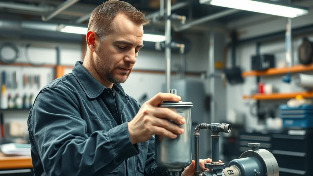 Technician carefully inspecting a diesel fuel filter and separator for maintenance in a Columbia, SC repair shop.