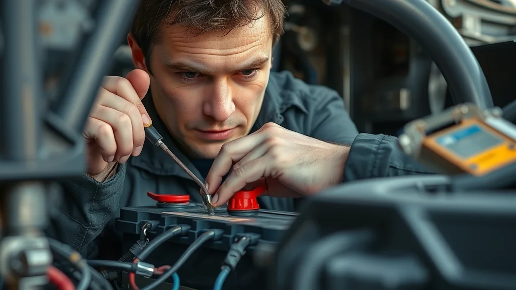 Technician checking a diesel truck battery connection for starting problems, with visible battery box and clean cable terminals