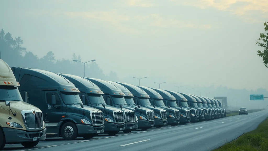 Diesel engine maintenance - Southern U.S. truck fleet near Columbia SC, lined up with dewy vehicles in a humid, green morning landscape.