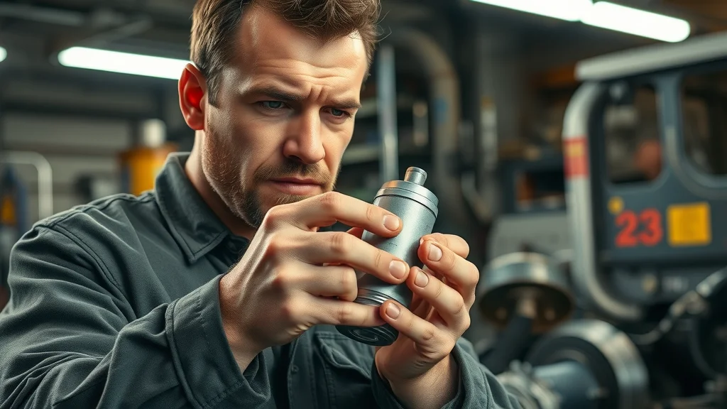 Diesel engine troubleshooting: action shot of mechanic replacing a diesel fuel filter in a truck service bay, showing careful technique and visible fuel drops.