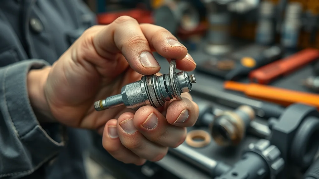 Mechanic carefully inspecting a diesel engine glow plug for problems affecting starting, with detailed tools and metallic surfaces