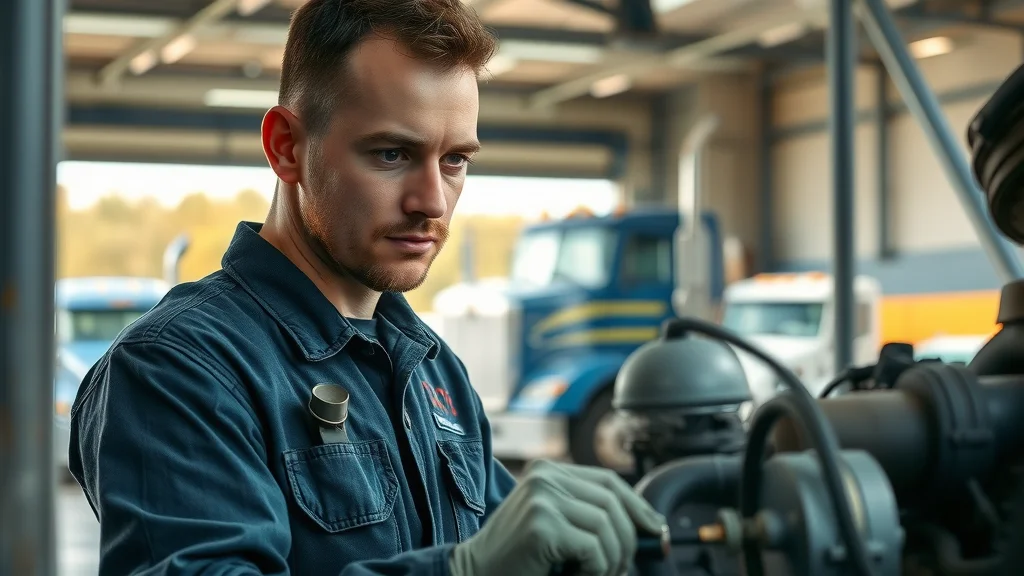 Diesel engine maintenance - Mechanic in Columbia SC checking dipstick in a diesel engine, truck garage setting with natural daylight and realistic work environment.