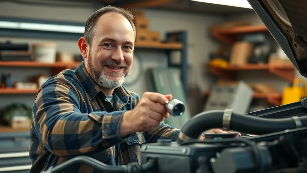 Truck owner confidently performing simple diesel engine maintenance to address starting problems at home garage