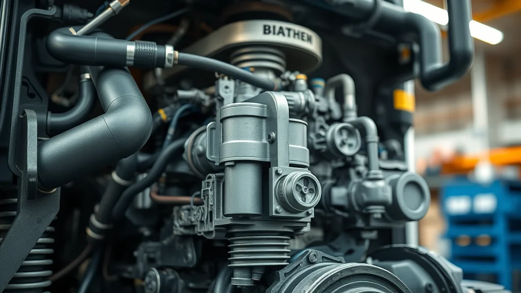Close-up of a complex industrial machine engine with various pipes, hoses, and metal components. The word “BIATHEN” is visible on a central part. The background is blurred with hints of an industrial setting.