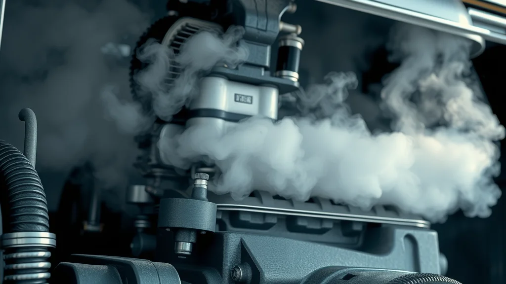 Closeup of an overheated diesel engine with visible steam and coolant droplets, dramatic and photorealistic, inside a truck hood under strong workshop lighting
