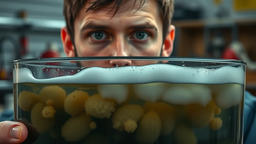 Contaminated diesel fuel in container showing water separation and microbial growth, illustrates diesel engine fuel system problems